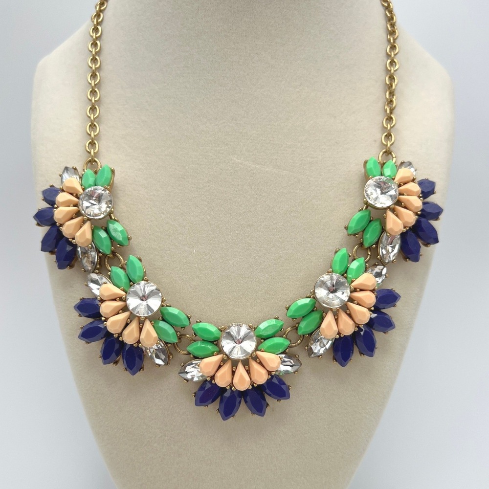 J. Crew Statement Bib Necklace Blue Mint Green Peach Gold Tone Rhinestones EUC